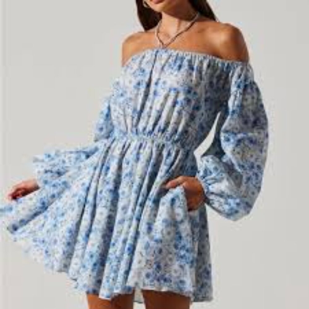ASTR The Label Long-Sleeve Sabine Linen Mini Dress, Blue Floral, Size M
